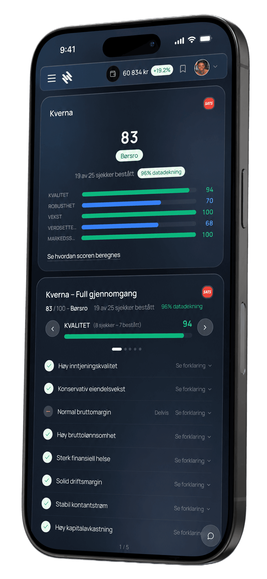 Kverna-skjermbilde fra Børsro-appen som viser score 83 og progressbars for kvalitet, robusthet, vekst, verdsettelse og markedsstabilitet