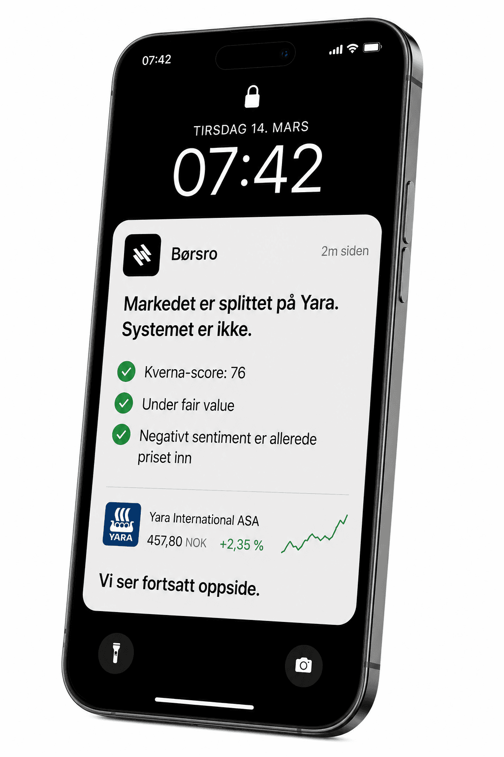 Lock screen med ett Børsro-varsel: Markedet er splittet på Yara. Systemet er ikke.