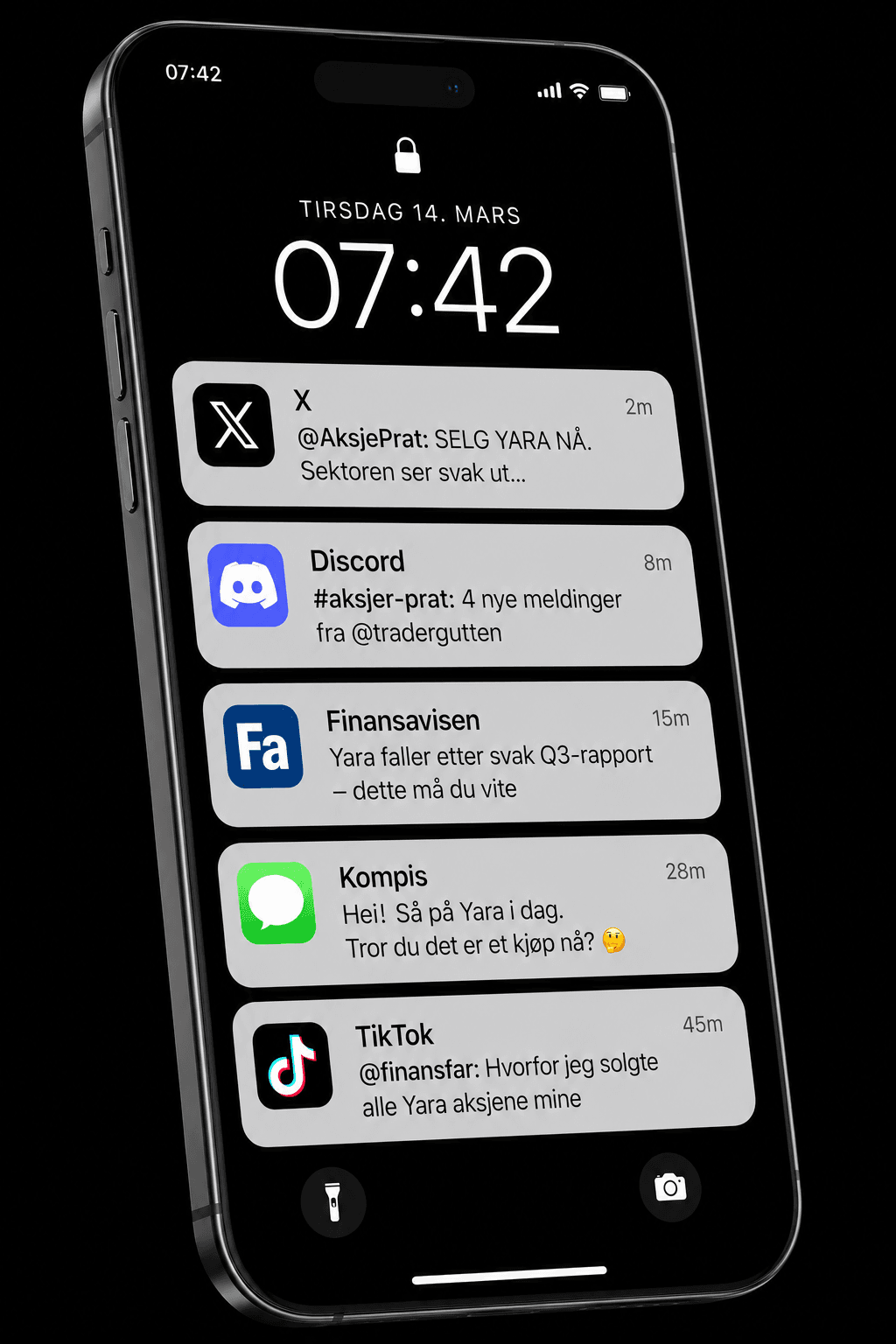 Lock screen med kaotiske varsler om Yara fra ulike apper